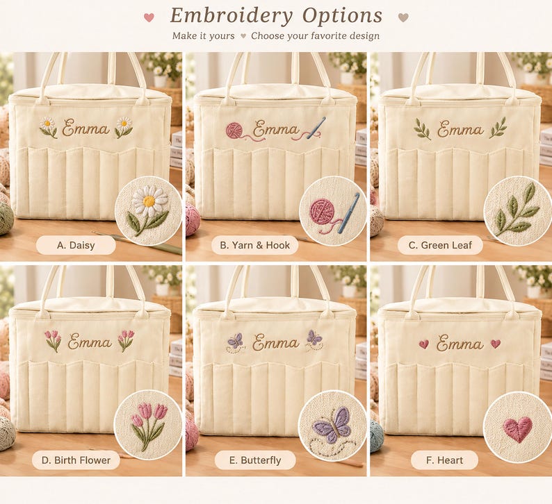 May include: A cream-colored rectangular storage tote with two handles and vertical pleated pockets. The front features the embroidered name Emma flanked by six design options: a daisy, yarn and hook, green leaf, tulips, butterfly, and heart.