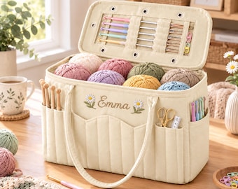 Personalized Crochet Project Bag, Knitting Bag with Yarn Storage, Custom Name Crochet Organizer, Hook Holder, Craft Gift for Knitters