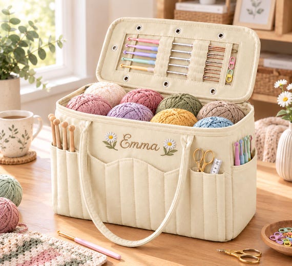 Personalized Crochet Project Bag, Knitting Bag with Yarn Storage, Custom Name Crochet Organizer, Hook Holder, Craft Gift for Knitters