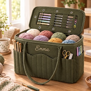 Bolsa de punto personalizada, bolsa para proyectos de ganchillo con almacenamiento de hilo, organizador con nombre bordado personalizado, soporte para agujas de ganchillo, regalo para tejedores.