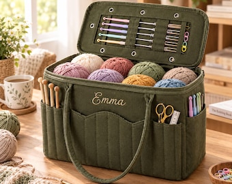 Personalized Knitting Bag, Crochet Project Bag with Yarn Storage, Custom Embroidered Name Organizer, Crochet Hook Holder, Gift for Knitter