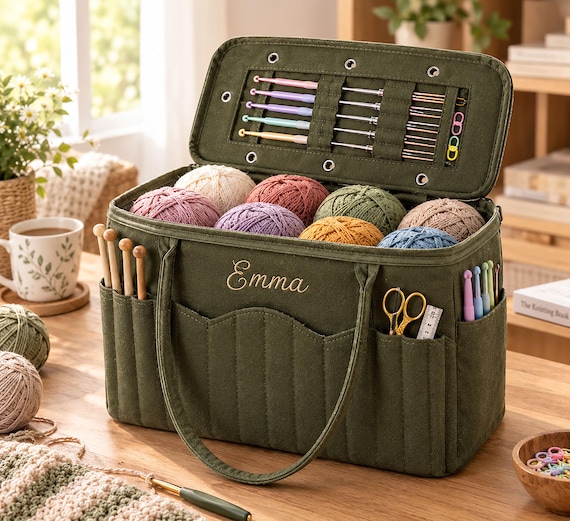 Personalized Knitting Bag, Crochet Project Bag with Yarn Storage, Custom Embroidered Name Organizer, Crochet Hook Holder, Gift for Knitter