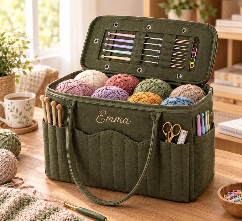 May include: An olive green fabric yarn storage bag with the name Emma embroidered on the front. The open lid displays various crochet hooks in elastic loops. The main compartment holds multiple yarn balls, while exterior pockets store tools.