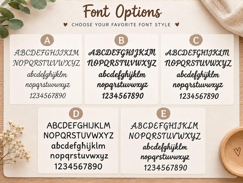 May include: A display of five distinct font options labeled A through E, each featuring the full uppercase and lowercase alphabet and the numbers 0 through 9 in black text on a white background, with the heading Font Options at the top.
