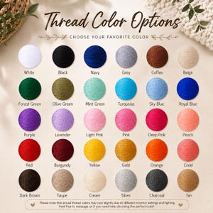 May include: A color chart displaying thirty circular thread samples in various shades including white, black, navy, grey, coffee, beige, forest green, olive, mint, turquoise, sky blue, royal blue, purple, lavender, pink, and orange.