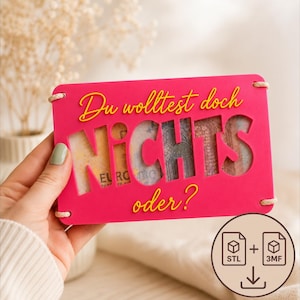May include: A rectangular pink wooden sign with rounded corners and light-coloured cord loops at the corners. The sign features the yellow text "Du wolltest doch NICHTS oder?" with a cutout section revealing Euro banknotes placed behind the board.