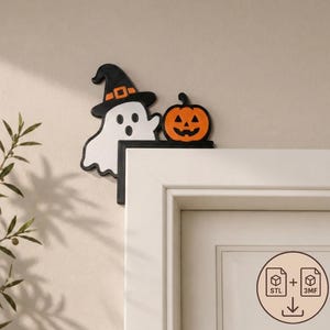 May include: A black, white, and orange Halloween door corner decoration featuring a ghost wearing a witch hat next to a jack-o'-lantern pumpkin. The design includes a digital file icon with the text STL and 3MF, indicating a 3D printable model.