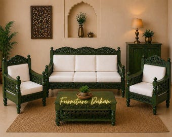 Hand Carved Green Wooden Sofa Set, Solid Wood Living Room Furniture, White Cushion Sofa Set, Traditional Indian Seating Set