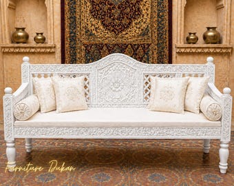 Panca in legno bianco intagliata a mano, seduta per divano intagliata in stile indiano, mobili vintage in stile Jodhpur, panca/lettino in legno massello