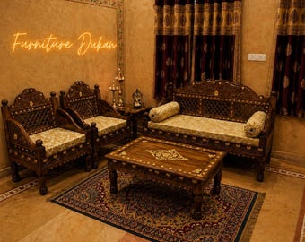 Conjunto de sofás de madera tallada a mano, muebles tradicionales indios para sala de estar, conjunto de sofás de madera maciza con mesa de centro, asientos tallados de lujo.