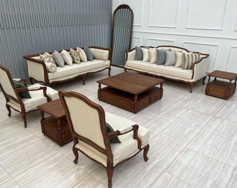 Conjunto de sofás de madera maciza de teca hechos a mano, muebles de lujo para sala de estar, sofá de 3 plazas con 2 sillones y mesa tallada al estilo Royal Heritage.