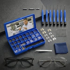 May include: An eyeglass repair kit featuring a blue plastic organizer box with various small screws and nose pads, seven blue-handled precision screwdrivers, a pair of silver tweezers, a blue microfiber cloth, and two pairs of eyeglasses.