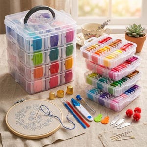 May include: A clear plastic storage case containing colorful embroidery floss bobbins, a round wooden embroidery hoop with a floral pattern, three gold-toned thimbles, various sewing needles, needle threaders, and a seam ripper on a fabric surface.
