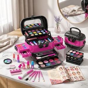 May include: A multi-tiered pink and black makeup vanity case with a built-in mirror, containing various eyeshadow palettes, lipsticks, nail polishes, and makeup brushes. A separate matching black and pink carrying case and a product catalog are included.