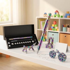 May include: A magnetic fidget pen with a rainbow metallic finish, accompanied by a black storage box containing silver steel balls and additional magnetic components. The set includes small structures built from the magnetic pieces, including a dog, a chair, and a bicycle, all featuring the same iridescent, multi-colored metallic surface.