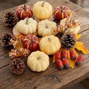 May include: A collection of decorative items including small pumpkins in shades of cream and deep red, brown pinecones, orange and yellow maple leaves, clusters of small multicolored berries, and several smooth red acorns.