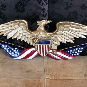 American Eagle (w/ flag and crest): Cast Aluminum or Bronze, Indoor/Outdoor Wall Hanging - Made in the USA