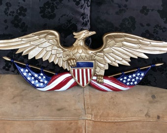 American Eagle (w/ flag and crest): Cast Aluminum or Bronze, Indoor/Outdoor Wall Hanging - Made in the USA