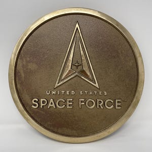 May include: A gold-colored round metal plaque with the United States Space Force logo. The logo features a stylized delta with a star in the center and the words "United States Space Force" below it.