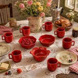 Vintage Peasant Village Italian Red Pottery Mugs and Bowls, 10-Piece Set