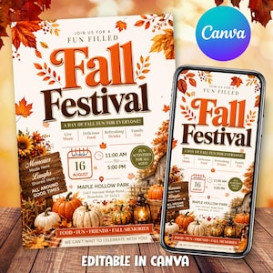 May include: A digital flyer and smartphone screen display for a Fall Festival event. The design features autumn leaves, pumpkins, and lanterns with text reading Join Us For A Fun Filled Fall Festival, Saturday 16 August, 11:00 AM to 5:00 PM, at Maple Hollow Park, 2467 Harvest Ridge Road, Riverdale, ST 54321.