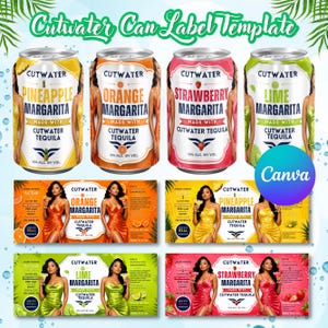 May include: A digital Cutwater Can Label Template featuring four distinct margarita flavors: pineapple, orange, strawberry, and lime. The design includes images of canned beverages and rectangular label layouts with text and illustrations of fruit.