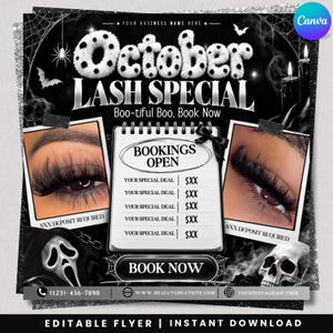 May include: A black and white promotional flyer for an October lash special featuring two photos of eyes with long lashes, a central notepad with the text Bookings Open, a ghost mask, a skull, spiderwebs, and the text Boo-tiful Boo, Book Now.