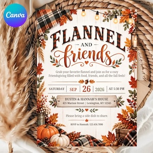 May include: A rectangular invitation card featuring the text Flannel and friends with autumn-themed illustrations including orange and red maple leaves, pumpkins, pinecones, a lantern, and string lights against a white wood-grain background.