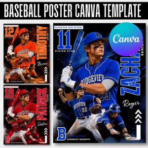May include: A digital baseball poster Canva template featuring three distinct layouts with athletes in blue and orange uniforms. Each design includes large jersey numbers, player names, school names, and action shots of baseball players batting, fielding, and sliding.