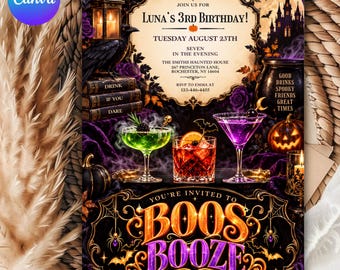 May include: A Halloween-themed birthday invitation card featuring a haunted house, a raven on stacked books, and three cocktails. The text reads: Join us for Luna's 3rd Birthday, Tuesday August 23rd, Seven in the evening, The Smiths Haunted House, 267 Princeton Lane, Rochester, NY 14604, RSVP to Emma at 123-446-4455, Good drinks, spooky friends, great times, and You're invited to Boos & Booze.
