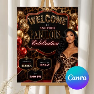 May include: A rectangular event sign featuring a black background with a leopard print border, gold and red balloons, and the text: WELCOME TO ANOTHER FABULOUS CELEBRATION, BIRTHDAY EVENT FOR BIANCA, AUGUST 20 SUNDAY AT 5:00 PM, and a woman in a leopard dress.