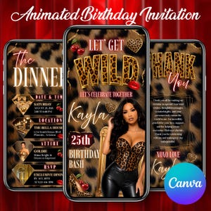 May include: Three smartphone screens displaying an animated birthday invitation with a leopard print background. The design features gold text, red cherry graphics, and a photograph of a person wearing a leopard print corset and black pants.