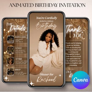 Op de afbeelding: Drie smartphoneschermen met een geanimeerde verjaardagsuitnodigingssjabloon in bruin en wit. De schermen bevatten tekst zoals You're Cordially Invited to Celebrate Birthday, The Details en Thank You, naast een portret van een persoon.