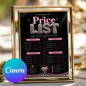 Könnte beinhalten: Ein goldgerahmtes Schild mit schwarzem Hintergrund und rosa Text, der Price List lautet. Das Wort List ist in einem Leopardenmuster gehalten. Das Schild zeigt vier Servicepakete mit Preisen in Dollar, Social-Media-Icons und Kontaktdaten.