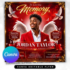 Puede incluir: Un folleto conmemorativo con el retrato de una persona en chaqueta roja, alas de ángel blancas, palomas y texto dorado In Loving Memory of Jordan Taylor, Sunrise August 15 2026, Sunset August 16 2026, y detalles del servicio.
