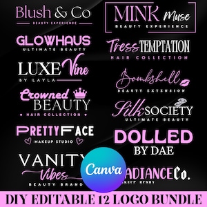 May include: A collection of twelve editable logo designs for beauty brands on a black background. The logos feature pink and white text including Blush & Co, Mink Muse, Glowhaus, Tress Temptation, Luxe Vine, Bombshell, Crowned Beauty, Silk Society, Pretty Face, Dolled By Dae, Vanity Vibes, and Radiance Co.