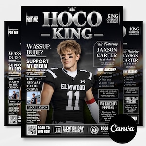 Puede incluir: Una plantilla de folleto digital para una elección de rey de baile de graduación con un joven jugador de fútbol americano en una camiseta negra de Elmwood con el número 11. El texto incluye "Hoco King", "Please Vote For Me" y "Featuring Jaxson Carter".