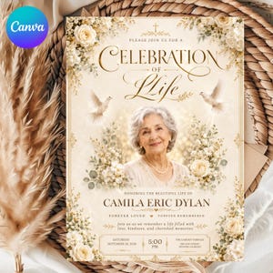 Pode incluir: Um cartão de convite funerário retangular com o retrato de uma pessoa idosa, rodeado por rosas cor de creme e folhas de eucalipto. O texto diz Celebration of Life, Camila Eric Dylan, e detalhes para o dia 20 de setembro de 2026.