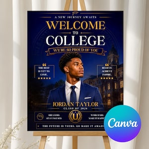 Op de afbeelding: Een donkerblauw welkomstbord voor een afstudeerfeest met een portret van een persoon in een pak. De tekst bevat "WELCOME TO COLLEGE", "JORDAN TAYLOR", "CLASS OF 2026" en citaten. Het ontwerp heeft gouden accenten en een universiteitsgebouw op de achtergrond.