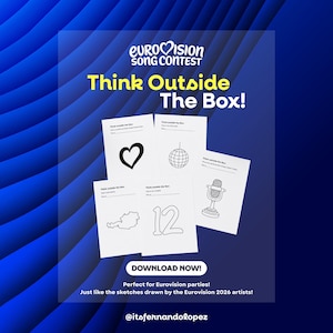 May include: Five white activity sheets with black line drawings including a heart, a disco ball, a map of Austria, the number 12, and a microphone. Each sheet features the text Think outside the Box and lines for writing. The sheets are arranged in a cluster.