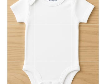 May include: A white baby bodysuit with short sleeves and snap closures at the bottom. The word "Gerbers" is printed on the neckline. The bodysuit is made of a soft, comfortable material.