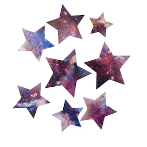 May include: A collection of eight star-shaped stickers. Each star features a vibrant galaxy design with shades of purple, blue, and pink. The stickers vary in size and are arranged on a white background.