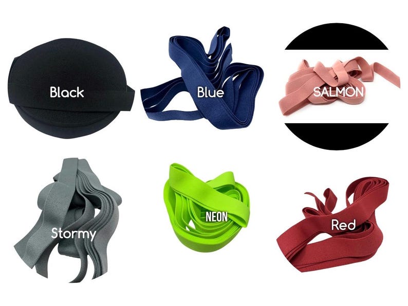 May include: Assortment of elastic bands in various colours, including black, blue, salmon, stormy grey, neon green, and red. The elastic bands are arranged in a circle on a white background.