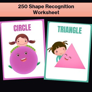 Könnte beinhalten: Ein 250 Shape Recognition Worksheet mit zwei Lernkarten. Eine Karte zeigt einen violetten Kreis mit Gesicht und dem Text CIRCLE. Die andere Karte zeigt ein rosa Dreieck mit Gesicht und dem Text TRIANGLE, beide mit Zeichentrickfiguren.