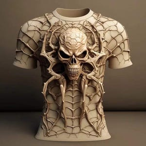 May include: A beige short-sleeved t-shirt featuring a prominent three-dimensional skull design centred on the chest. The entire surface of the garment is covered in an intricate, raised web-like pattern that extends from the skull across the shoulders, sleeves, and torso, creating a cohesive, textured, and monochromatic appearance.