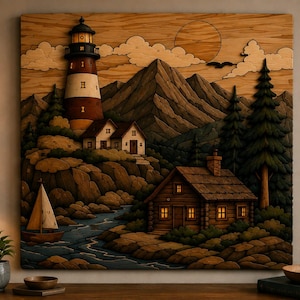 May include: A square wooden wall art piece featuring a layered relief carving of a coastal landscape. The scene depicts a striped lighthouse, a small cabin, a sailboat on water, pine trees, and mountains under a sun, all rendered in wood tones.