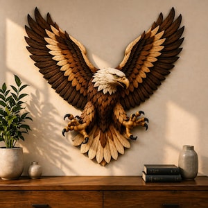 Puede incluir: Una escultura de pared de madera con forma de águila que presenta plumas superpuestas en tonos marrón oscuro, marrón claro y crema. El águila se muestra con las alas extendidas, cabeza blanca, pico amarillo y garras negras afiladas hacia adelante.