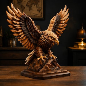 May include: A detailed wooden sculpture of an eagle with wings fully spread, perched on a jagged rock formation. The carving features layered feather textures in varying shades of brown, a sharp beak, and prominent talons gripping the base.