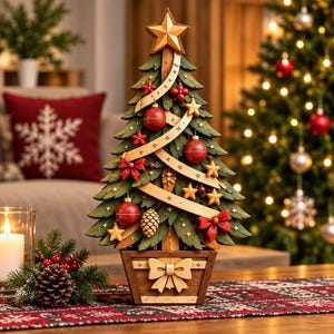 Motif d'intarsia sapin de Noël, modèle de travail du bois pour scie à chantourner, art du bois de Noël à faire soi-même