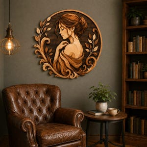 Può includere: Un'opera d'arte circolare da parete in legno con un rilievo intagliato di una persona con i capelli raccolti in uno chignon, circondata da intricati motivi di foglie e viticci. L'opera presenta tonalità marroni e venature del legno.